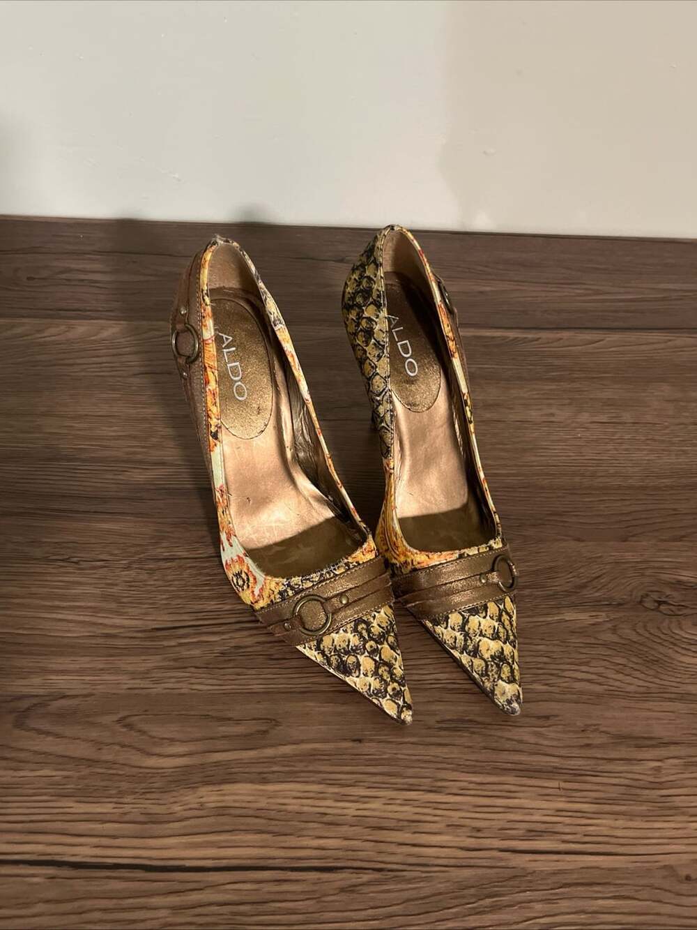 Aldo Pointed Toe Stiletto Pumps with Mixed Snake and Floral Pattern